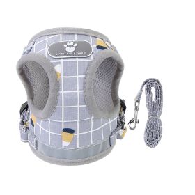 Pet Mesh Harness Dog Leash Set Reflective Chest Strap Adjustable Puppy Vest For Puppies Breeds Dogs Cats Walking Outdoor (Option: Leash GreyCheckeredL)