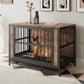 Dog Crate Furniture, Wooden Dog Crate Table, 38.9 Dog Kennel With 2 Sliding Doors And Thick Iron Door Frame, Decorative Pet Crate House For Large (Option: Black Brown)